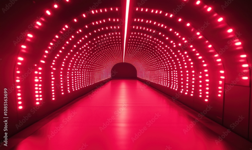 Poster illuminated tunnel with red lights, futuristic design, glowing led patterns, smooth surface, modern 