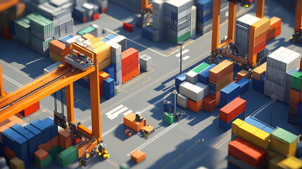 busy shipping yard with colorful containers and towering cranes under clear sky. Workers and vehicles are actively moving around, creating dynamic and industrious atmosphere