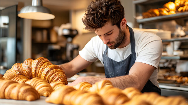 Baker shaping croissants with precision and care.