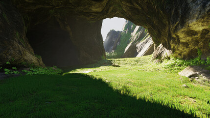 Bright Grotto in a Mountain Landscape with Grass