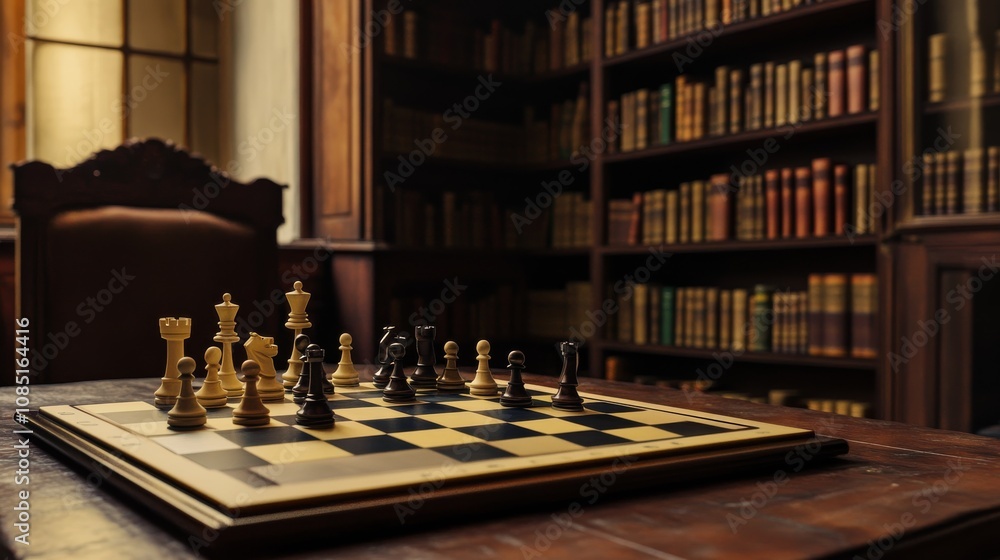 Poster Chessboard and pieces set up on an antique table in a serene library, A tranquil indoor library with chess game setup, Intellectual game style