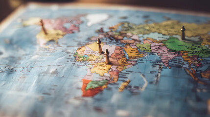 detailed world map with pins marking various locations, highlighting global connections and marketing analytics. map is colorful and vibrant, emphasizing international reach and strategy