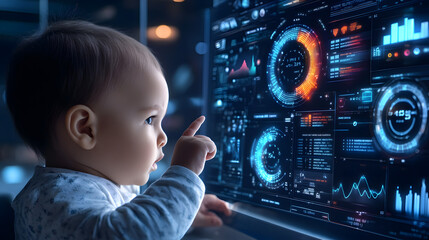 baby interacts with futuristic digital interface displaying vibrant data analytics and marketing insights, showcasing curiosity and technology impact on future generations