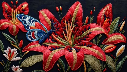 EMBROIDERY ART Red Lily and The Butterfly Handmade Craft Background