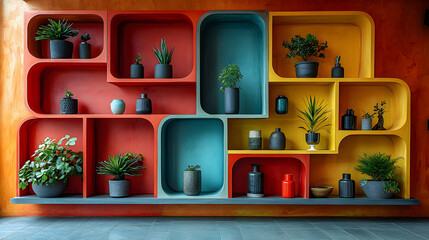 Colorful Shelving Unit with Plants and Vases - Illustration