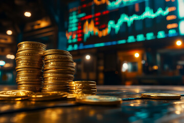 Golden coins stacked with financial growth chart in the background, symbolizing wealth, investment, cryptocurrency, and economic trends