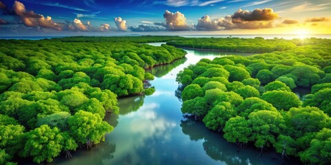 Naklejka premium Aerial Drone View of Lush Mangrove Forest - 3D Vector Illustration, Eco-Friendly Landscape, Nature Conservation, Smooth Cut Design, Tropical Environment, Isolated Artwork
