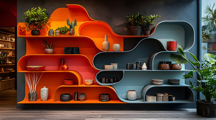 Fototapeta premium Orange and Blue Curved Shelves with Home Decor Realistic Image