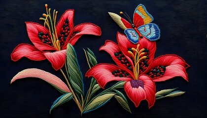EMBROIDERY ART Red Lily and The Butterfly Handmade Craft Background