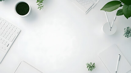 minimalist workspace with focus on greenery and organization, featuring white desk, keyboard, and plants for clean and refreshing atmosphere