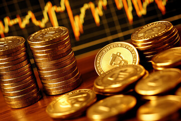 Golden coins stacked with financial growth chart in the background, symbolizing wealth, investment, cryptocurrency, and economic trends