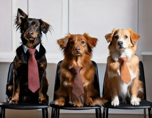 Corporate meeting room dogs wearing formal ties seated on chairs in a corporate meeting board room