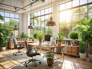 Bright and Airy Workspace with Natural Light, Minimalist Design, Cozy Atmosphere, Modern Office Decor, Green Plants, Productivity, Creative Environment, Relaxing Ambiance, Ergonomic Furniture