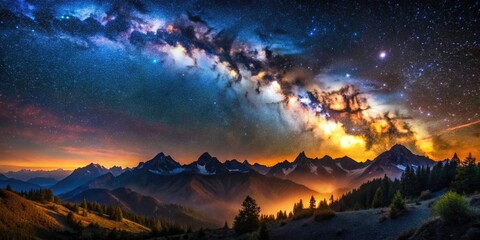 Naklejka premium Breathtaking Night Sky Over Silhouetted Mountains with Stunning Milky Way and Starry Background for Landscape Photography
