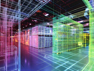 modern warehouse with advanced inventory management technology, featuring colorful digital overlays representing efficient logistics and storage systems