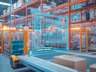 modern warehouse with advanced inventory management technology, featuring automated systems and digital interfaces for efficient logistics and storage solutions