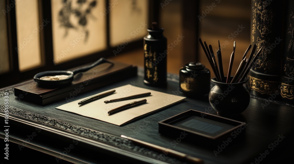 Poster elegant calligraphy tools and ink neatly arranged on a traditional writing desk in a serene study, a