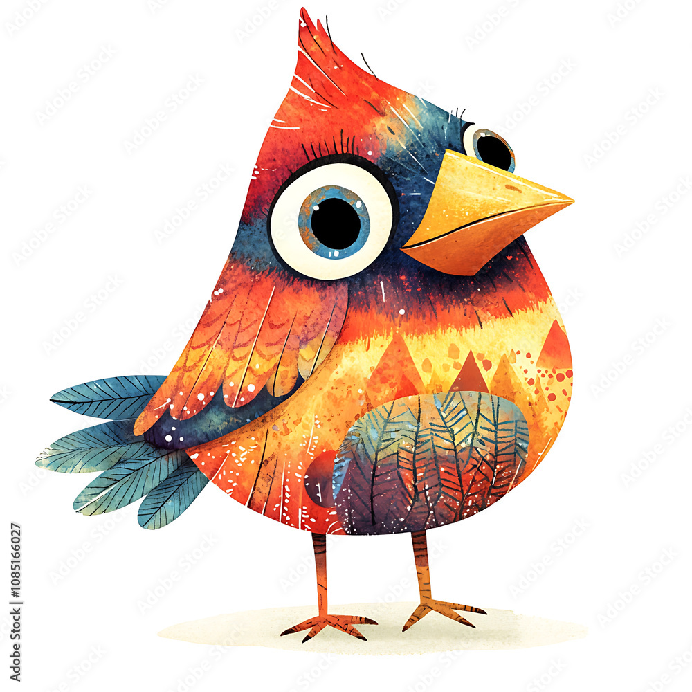 Poster colorful cartoon bird with vibrant feathers and large eyes, showcasing whimsical design. this quirky