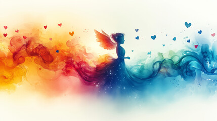 Obraz premium Vibrant watercolor silhouette of an angel with colorful flowing wings and hearts, symbolizing love, creativity, and divine energy