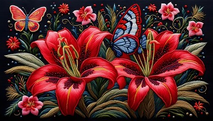 EMBROIDERY ART Red Lily and The Butterfly Handmade Craft Background