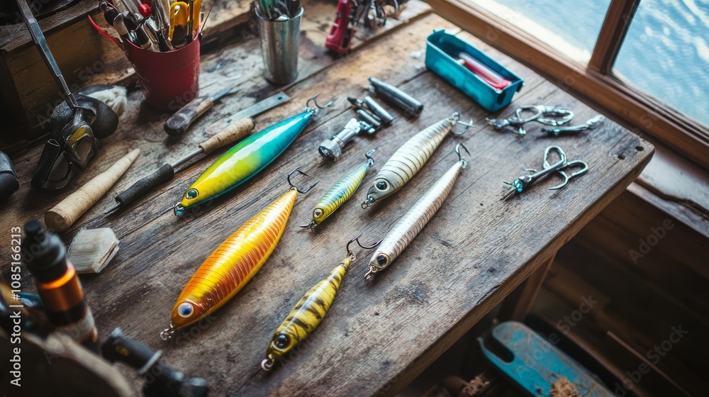 Poster fishing lure-making tools and materials arranged on a rustic table in a lakeside cabin, a serene lak