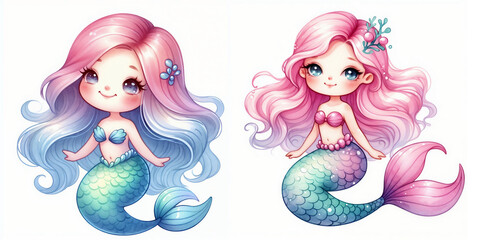 Obraz premium Cute cartoon mermaid set on white background. AI