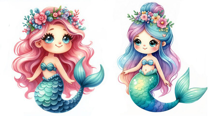 Fototapeta premium Cute cartoon mermaid set on white background. AI