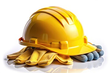 Fototapeta premium Construction Helmet and Gloves Isolated on White Background for Safety Equipment, Hard Hat, Work Gloves, Building Industry, Construction Gear, Safety Accessories