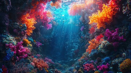 Abstract glowing shapes flow through a vibrant underwater cave filled with colorful marine life. The surreal light adds depth and mystery to the aquatic environment 