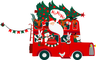 Ho Ho Ho! Merry Christmas!  Xmas holiday concept. Banner in flat style. Traveling by bus.  The winter vacation. Christmas travel vector illustration