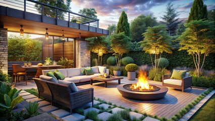 Fototapeta premium Cozy Outdoor Living Space with Fire Pit and Modern Seating Surrounded by Lush Greenery for Relaxation and Gathering