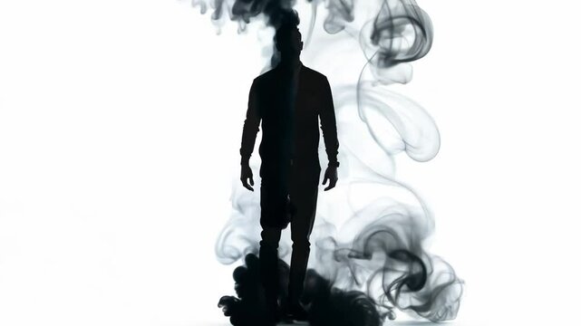 Figure emerges from dark smoke