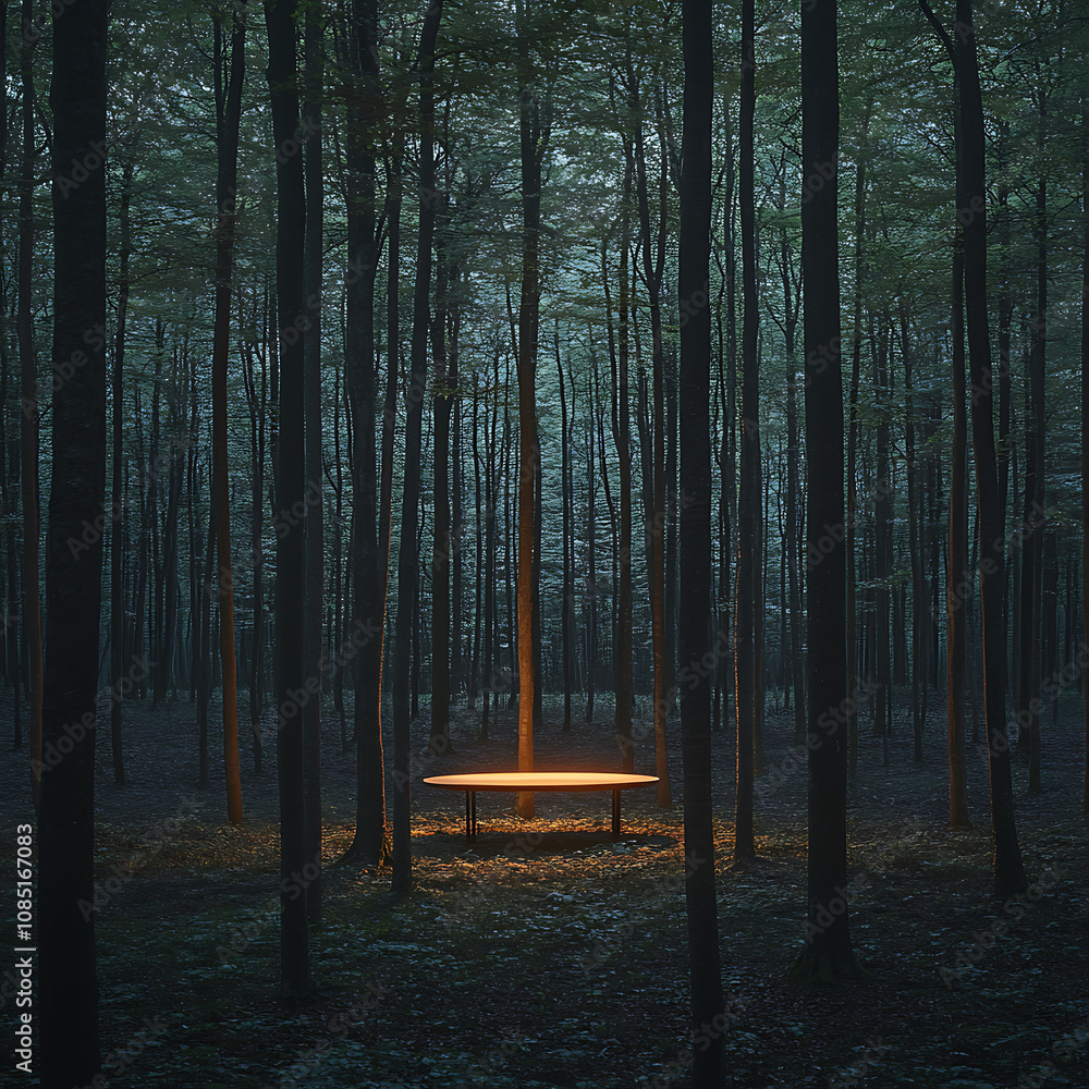 Poster serene forest scene featuring glowing table surrounded by tall trees, creating mystical atmosphere. 