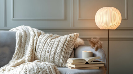 Cozy Living Room Interior Design with a Knitted Blanket, Pillow and Floor Lamp - Realistic Image
