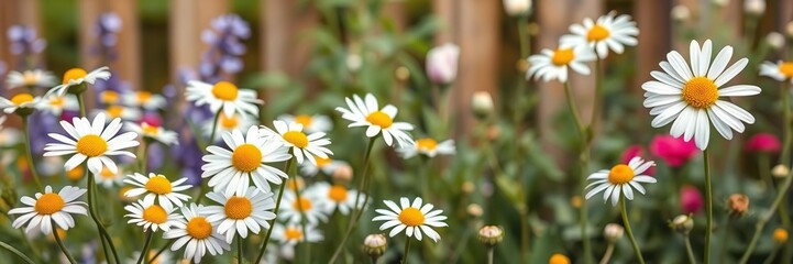 Obraz premium A whimsical illustration of chamomile flowers in a vintage-inspired garden setting, floral art, nature inspired art