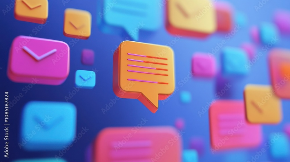 Poster 3d smartphone icons with chat notifications and messages, representing online conversations and feed