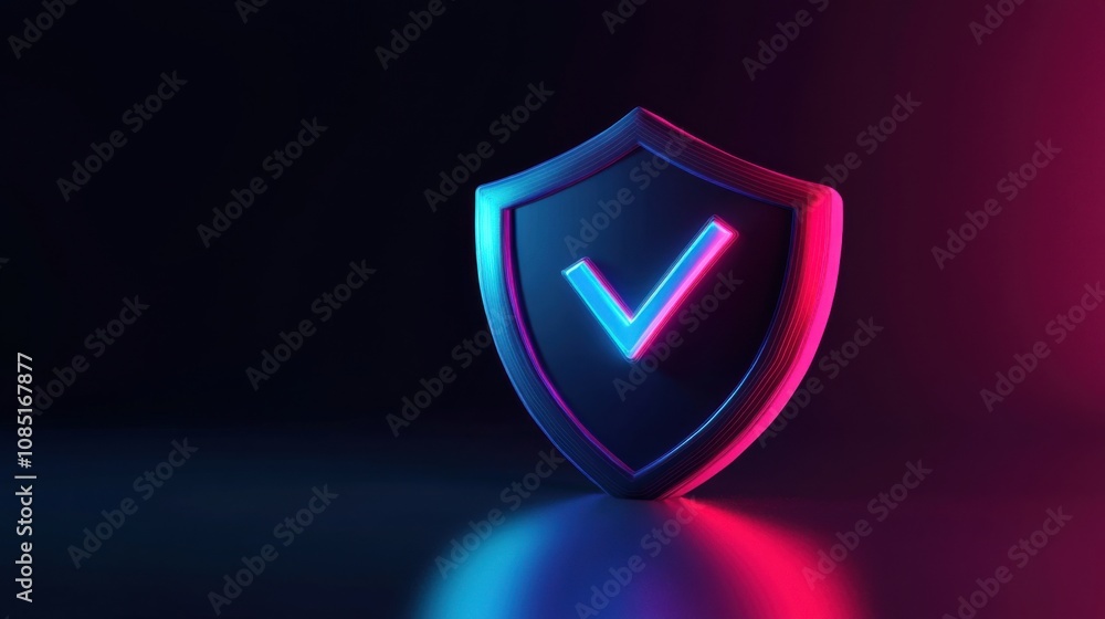 Poster shield icon with checkmark for cybersecurity in a minimalist 3d style