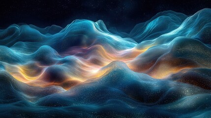 Gradient glowing waves move across a vibrant underwater cave filled with bioluminescent marine life. The abstract flow adds magic and depth to the tranquil aquatic scene. A breathtaking underwater 