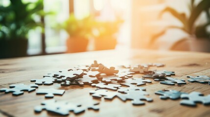 Jigsaw puzzle pieces scattered on a wooden table in a sunlit room, A bright and inviting room with a puzzle setup, Relaxing pastime style