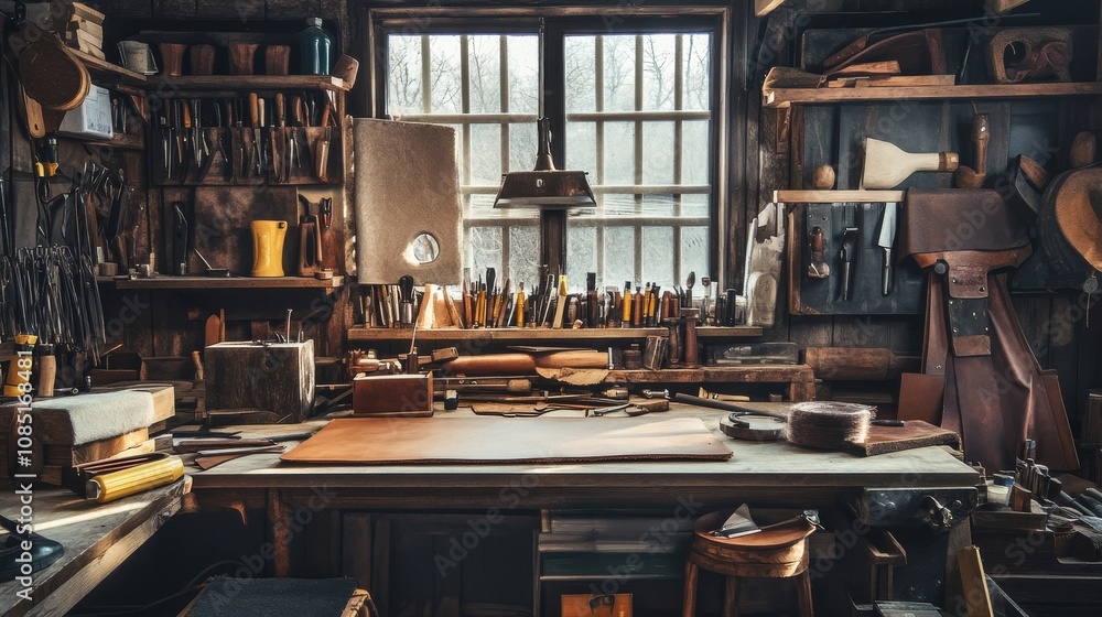 Poster Leatherworking tools and materials arranged on a worktable in a rustic workshop, A cozy workshop with leathercraft equipment, Artistic craft style