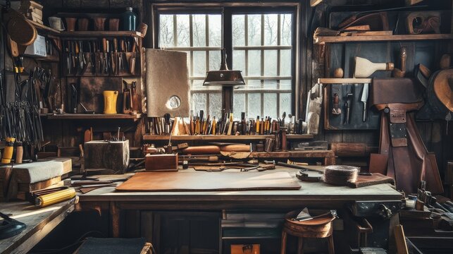 Leatherworking tools and materials arranged on a worktable in a rustic workshop, A cozy workshop with leathercraft equipment, Artistic craft style