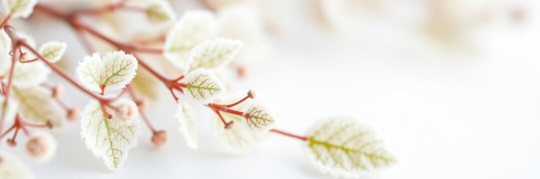 Macro shot of Homalomena cream frost leaves and stems on a white background with a shallow depth of field effect, flowering, homalomena