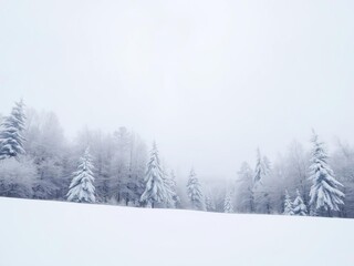 Fototapeta premium Serene winter landscape with snow-covered trees and a vast expanse of white sky, winter, serene, silence