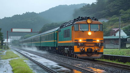 Obraz premium vintage train travels through rainy landscape, creating nostalgic atmosphere