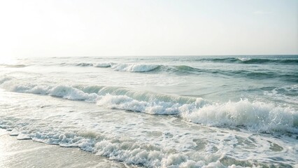 Soft white render with gentle ocean waves, subtle colors, calming atmosphere, abstract mixing, minimalist design, texture overlays