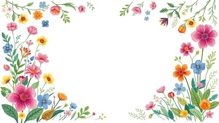 Whimsical border featuring colorful flowers and foliage, garden gate, flower pattern
