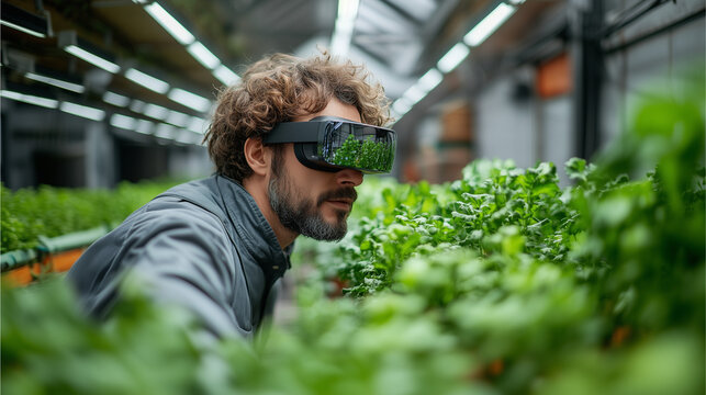 A modern farmer inspecting crops with augmented reality glasses in a high-tech greenhouse