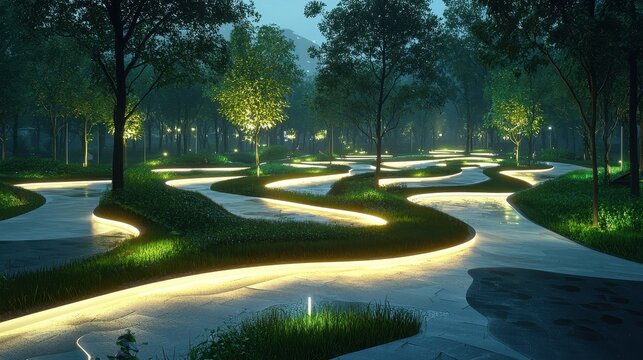 A vibrant urban park with glowing pathways illuminated by flowing ribbons of light. The abstract waves harmonize with the modern design of the green space. A futuristic retreat within the city 