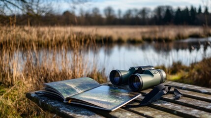 Obraz premium Neat bird-watching setup on a quiet marshland, binoculars and a field guide set up on a bench, Natural observation style