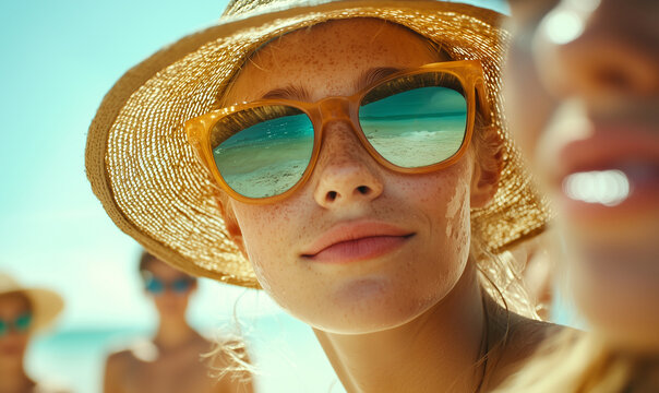 portrait of a freckle's woman in a hat and sunglasses on the beach already applying sunscreen 
